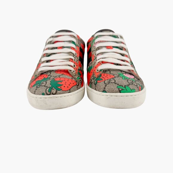 Gucci Ace Web Stripe Sneaker EU 38 US 8 Beige GG Monogram Strawberry Print - Picture 5 of 14